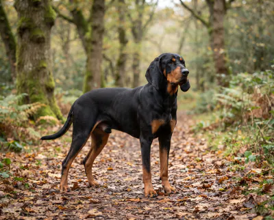 Black and Tan Coonhound in a British outdoor setting