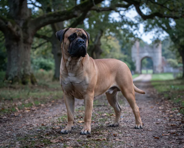 Bullmastiff in a British outdoor setting