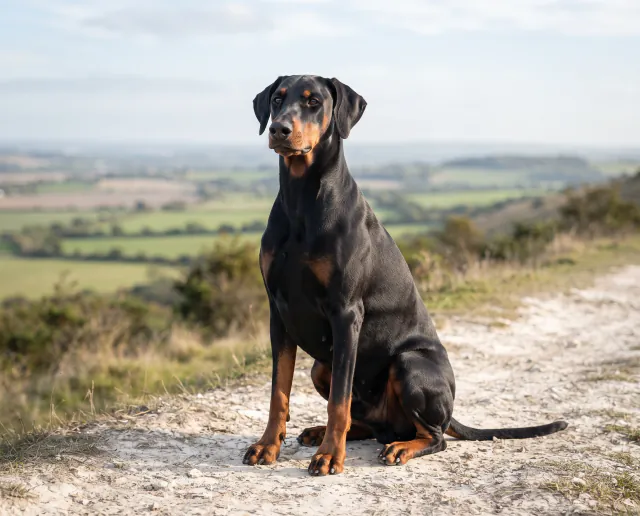 Dobermann in a British outdoor setting