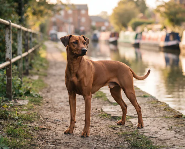 German Pinscher in a British outdoor setting