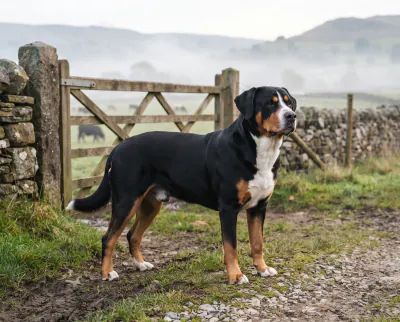 Greater Swiss Mountain Dog in a British outdoor setting