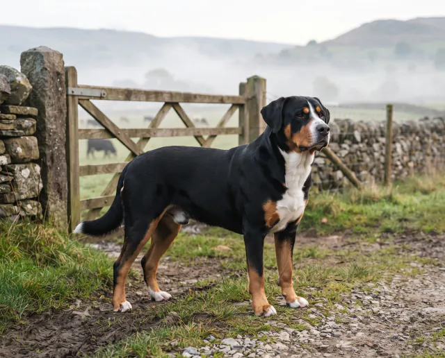 Greater Swiss Mountain Dog in a British outdoor setting