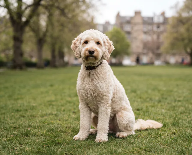 Labradoodle in a British outdoor setting