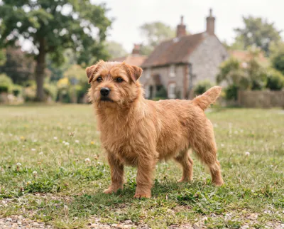 Norfolk Terrier in a British outdoor setting