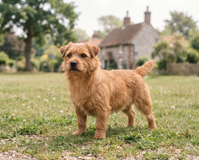 Norfolk Terrier in a British outdoor setting