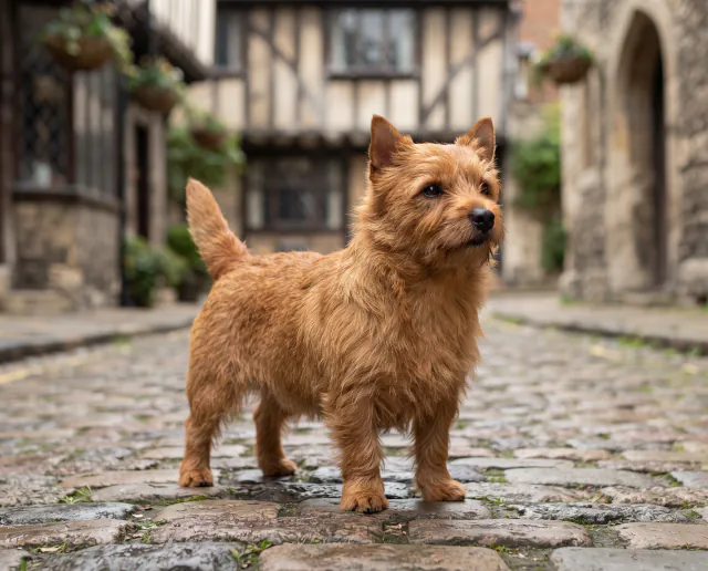 Norwich Terrier in a British outdoor setting