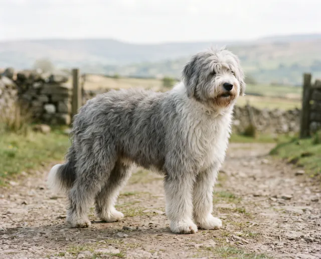 Old English Sheepdog in a British outdoor setting