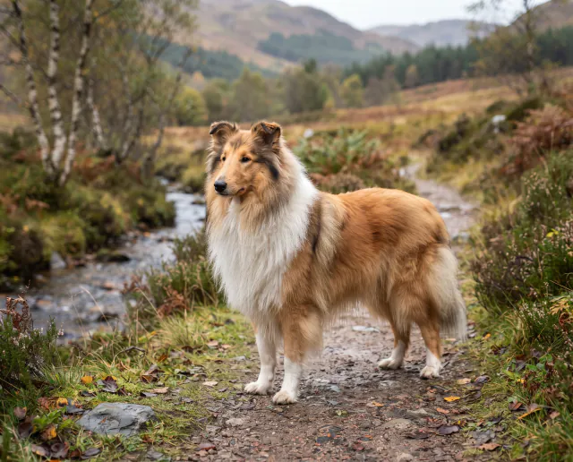 Rough Collie in a British outdoor setting