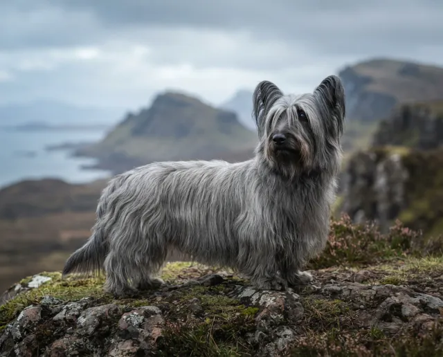 Skye Terrier in a British outdoor setting