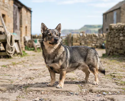 Swedish Vallhund in a British outdoor setting