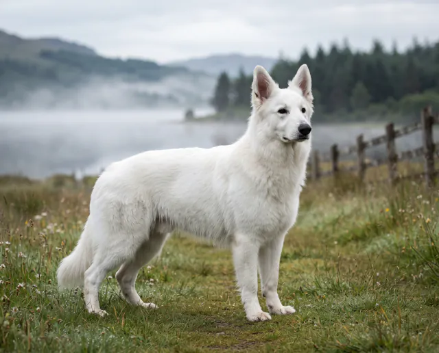 White Swiss Shepherd Dog in a British outdoor setting