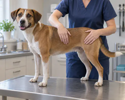 Veterinary nurse checking a dog’s ribs and waist on an examination table