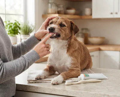 Hands lifting a dog’s lip to show a toothbrush and toothpaste