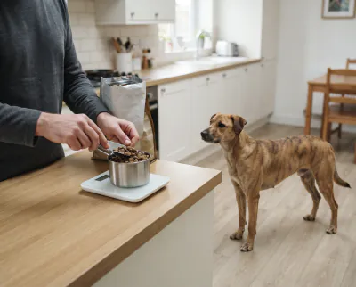 Owner weighing dry food on a kitchen scale beside a dog