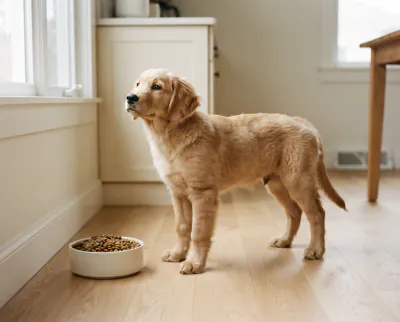 Puppy eating from a bowl in a kitchen