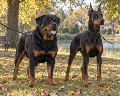 Featured image for Rottweiler vs Dobermann, comparing two serious guarding breeds