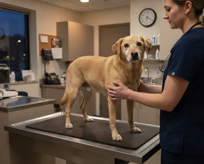 Vet examining an alert dog on an examination table