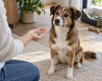 Hand holding small training treats beside an attentive dog