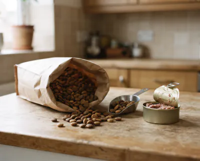 Bag of dry dog food and a measuring scoop on a kitchen worktop
