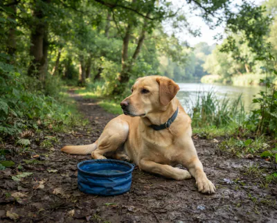 Dog resting in shade beside a water bowl on a hot day