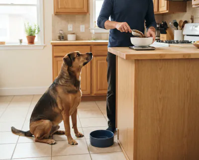 Dog beside a feeding bowl in a bright kitchen