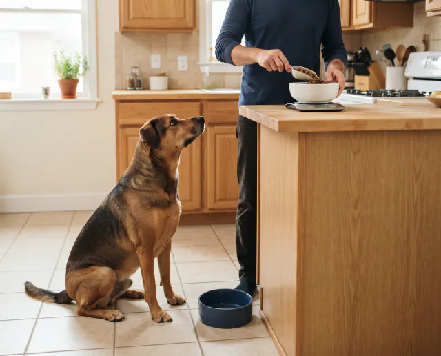 Dog beside a feeding bowl in a bright kitchen