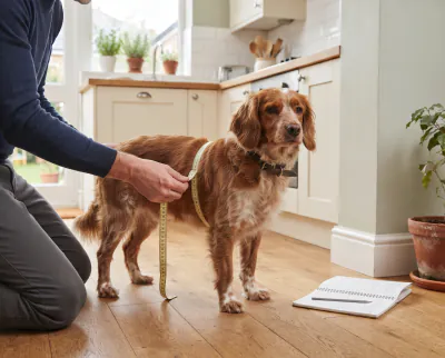 Owner measuring a dog for a harness at home