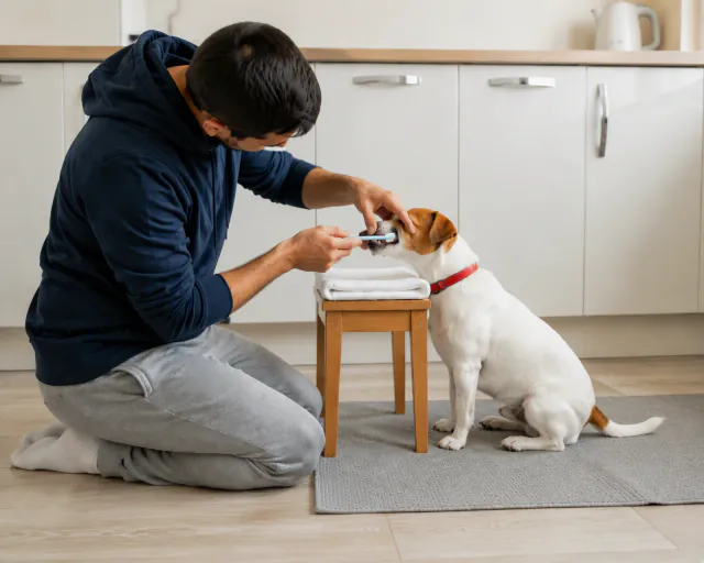 Illustration for teaching a dog to accept toothbrushing