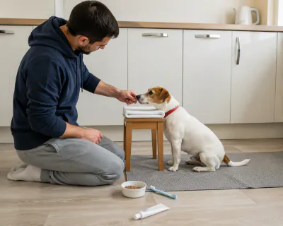 A white and tan Jack Russell Terrier sitting on a kitchen floor with its chin on a folded towel on a low wooden footstool, a kneeling man holding a small piece of food near its nose.