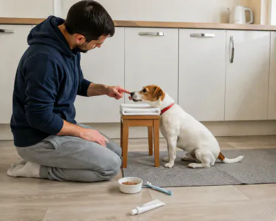 The terrier licking a small smear of pale paste from the man's outstretched fingertip, its chin still resting on the towel.