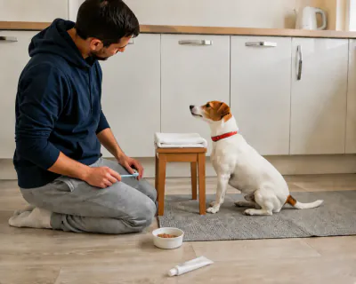 The terrier with its head raised clear of the towel and turned towards the kitchen units, while the man kneels with the toothbrush lowered to his thigh.