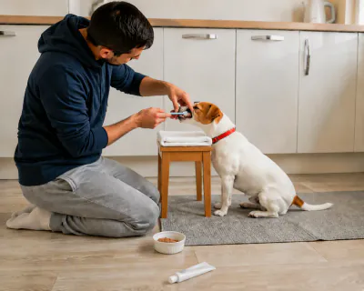 The toothbrush angled along the terrier's side teeth under its lifted lip, the bristles at the line where tooth meets pink gum and the dog's eyes half closed.