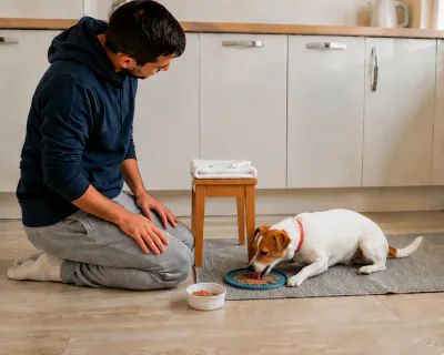 The terrier lying on a grey bath mat licking a round teal rubber mat spread with soft food, the toothbrush and a white tube set aside on the footstool behind it.