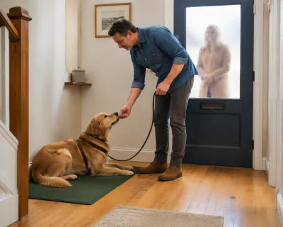 A Golden Retriever lying on a green mat in a hall, taking food from a man's hand, while a figure stands behind the front door's frosted window.