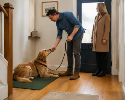 The woman in a camel coat standing still inside the front door looking away, while the retriever stays on its mat and is fed by the man.
