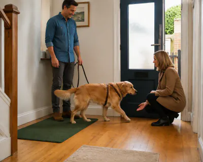 The retriever walking off its mat towards the woman, who crouches side-on with her hands low near the floor.