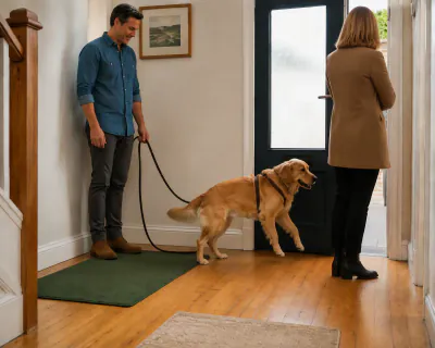 The woman standing upright and turned away with her hands folded to her chest as the retriever's front paws drop back towards the floor.