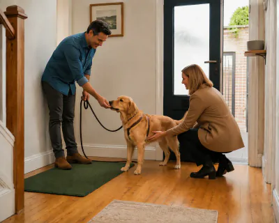 The woman crouched side-on stroking the chest of the retriever, which stands with all four paws on the floor while the man feeds it from the side.