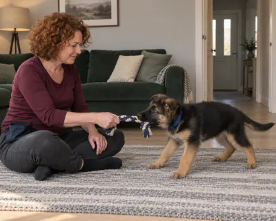A German Shepherd puppy tugging on a rope toy held low by a woman sitting on a rug, her other hand resting on her knee.