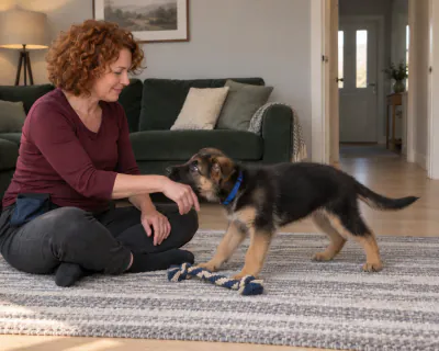The puppy's mouth closed lightly on the woman's bare wrist beside the dropped rope toy, her hand held completely still.
