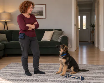 The woman standing with her back half turned and her arms folded while the puppy sits on the rug looking up at her.