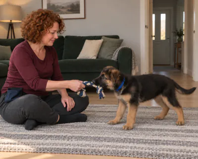 The woman sitting down again and holding the rope toy low towards the calm puppy, which is reaching for the toy.