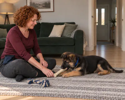 The puppy lying on the rug gnawing a pale rubber chew bone held steady by the woman's hand at one end.