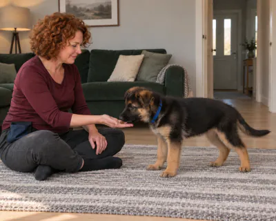 The puppy gently licking a piece of food from the centre of the woman's flat, open palm.
