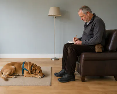 A man seated in a leather armchair writing in a small black notebook while a honey-tan dog lies relaxed on a mat in front of him.