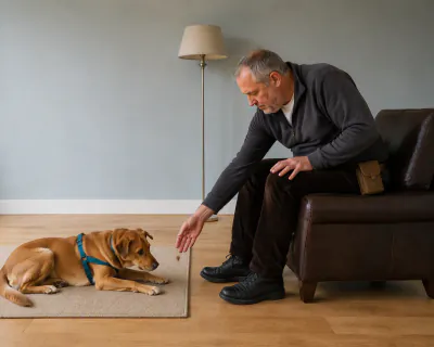 The man leaning forward from the armchair to drop a piece of food between the paws of the dog lying relaxed on the mat.