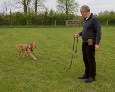 The dog trotting back across an empty fenced field towards the man, a grey long line lying in loose curves on the grass between them.