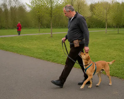The man walking the dog on a loose lead along a park path and feeding it at his trouser seam, with a woman in a red coat far away across the grass.