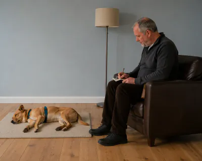 The man back in the armchair writing a tally in the black notebook while the dog lies flat and asleep on the mat.