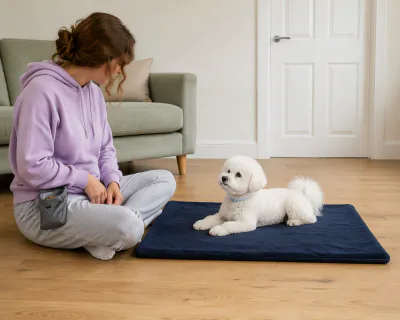 A white Bichon Frise puppy lying relaxed on a navy mat beside a young woman sitting cross-legged on the floor.